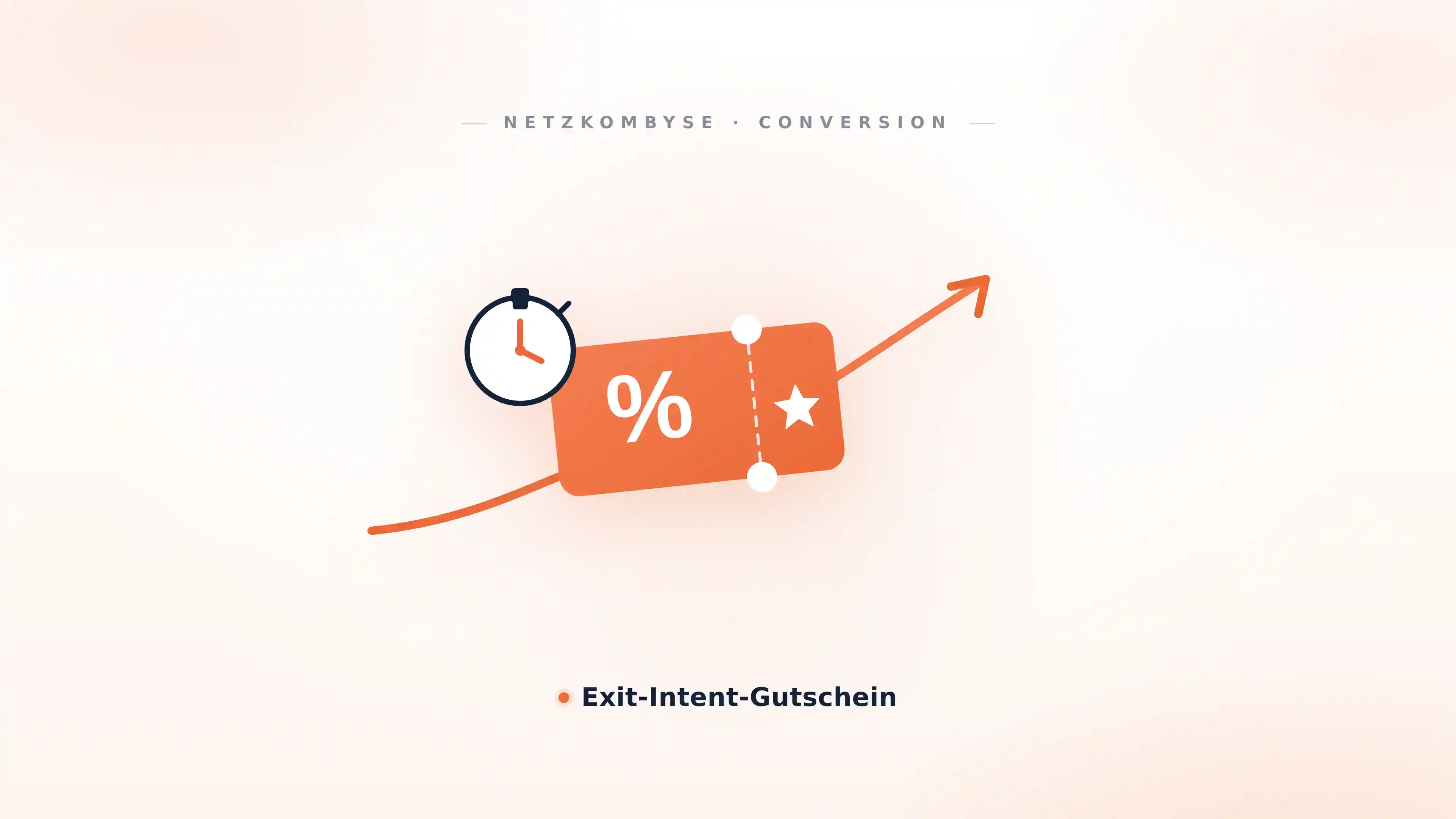 Gutschein mit Prozent-Symbol und Stern neben einer Stoppuhr, überlagert von einem aufwärts zeigenden Pfeil — der Exit-Intent-Gutschein hebt die Conversion