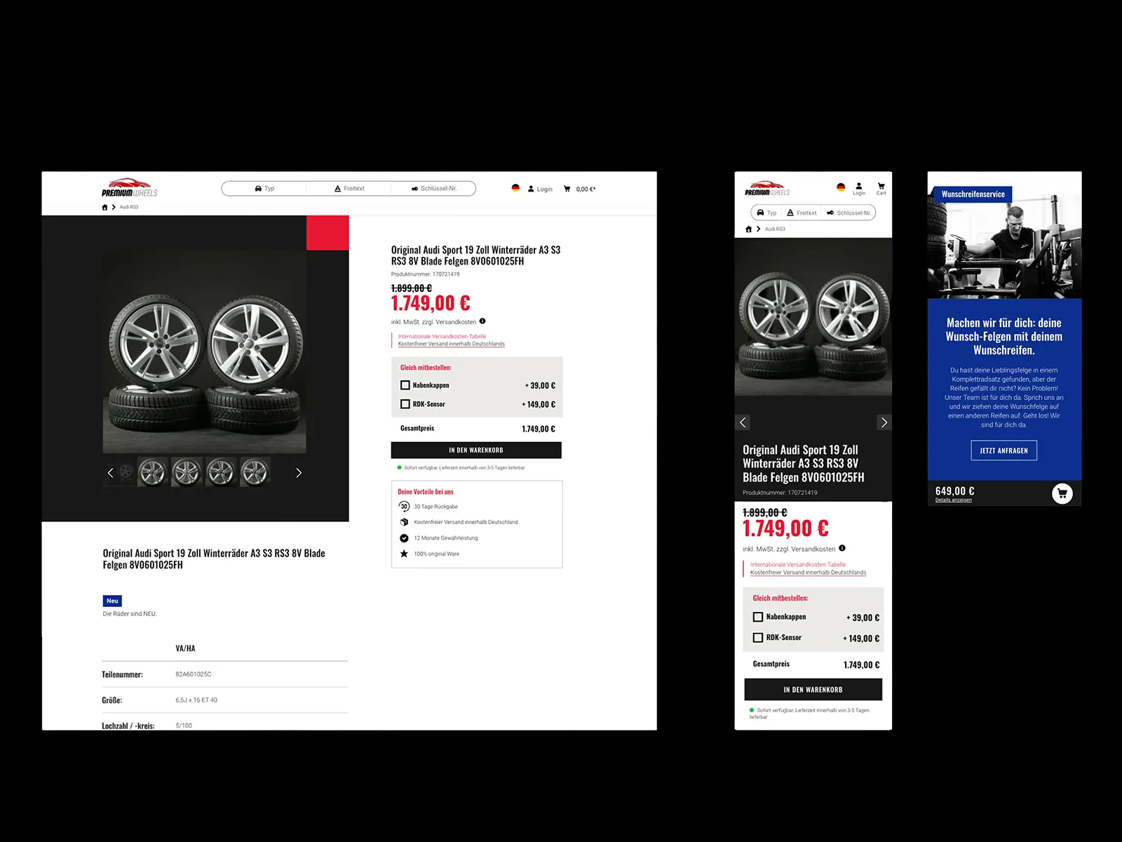PremiumWheels – Produktdetailseite & Checkout