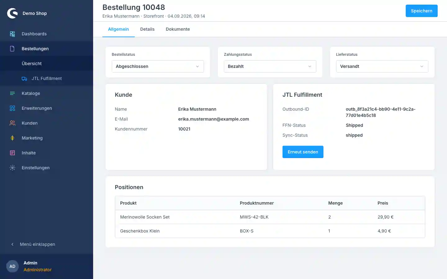 Bestelldetailansicht in Shopware mit einer JTL-Fulfillment-Karte, die Outbound-ID, FFN-Status und Sync-Status zeigt, samt Schaltfläche „Erneut senden“