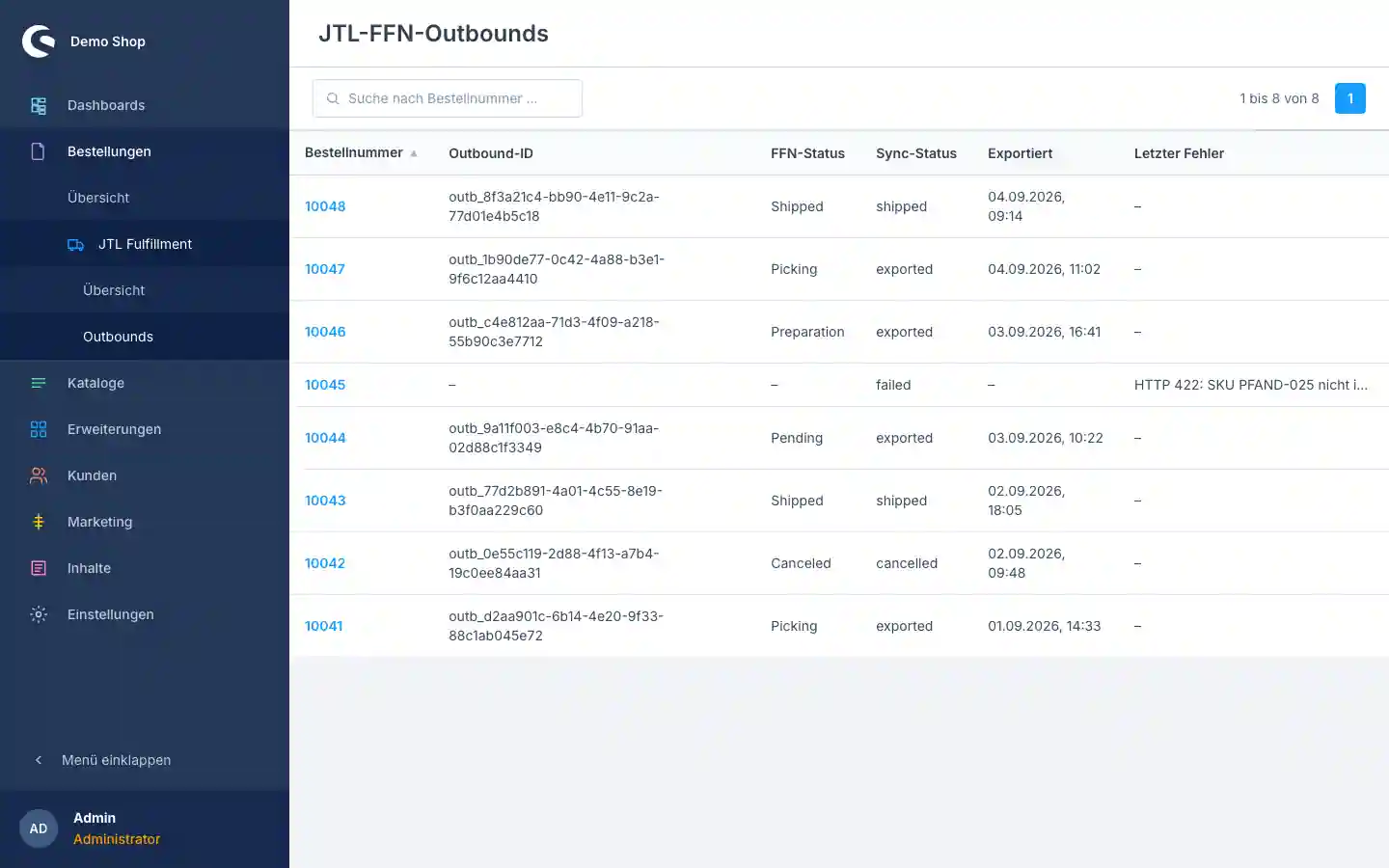 Liste der JTL-FFN-Outbounds im Shopware-Admin mit Bestellnummer, Outbound-ID, FFN-Status, Sync-Status, Exportzeitpunkt und letztem Fehler