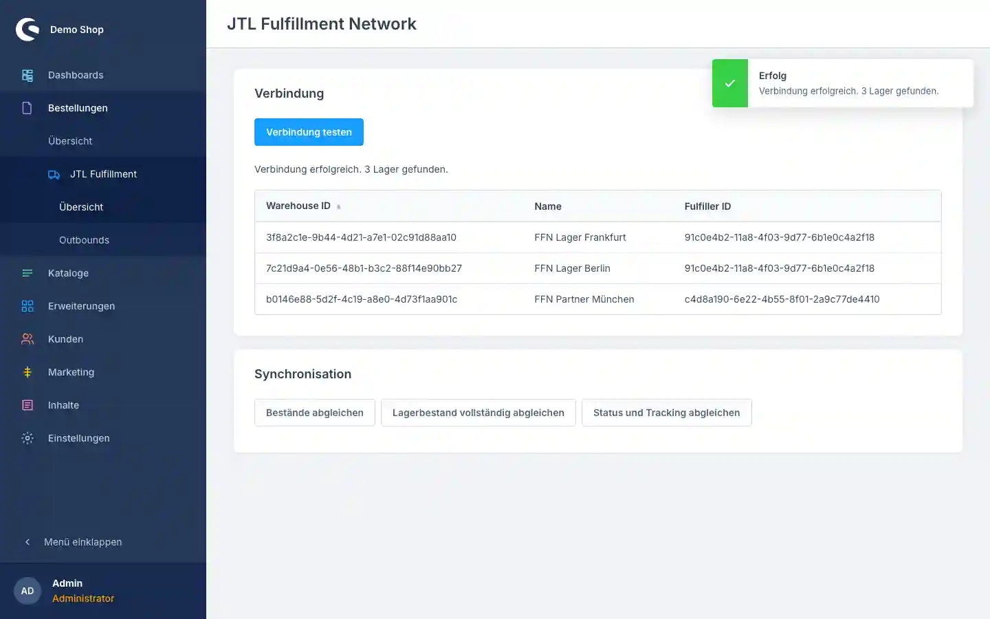 JTL-Fulfillment-Übersicht im Shopware-Admin mit erfolgreichem Verbindungstest und einer Liste von drei FFN-Lagern samt Warehouse- und Fulfiller-ID