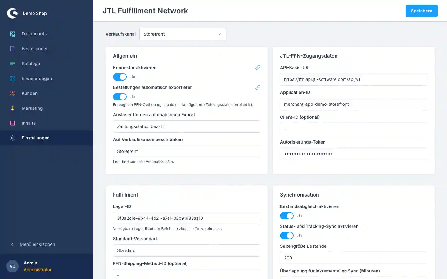 Plugin-Konfiguration des JTL-Fulfillment-Network-Konnektors mit Karten für Allgemein, Zugangsdaten, Fulfillment und Synchronisation