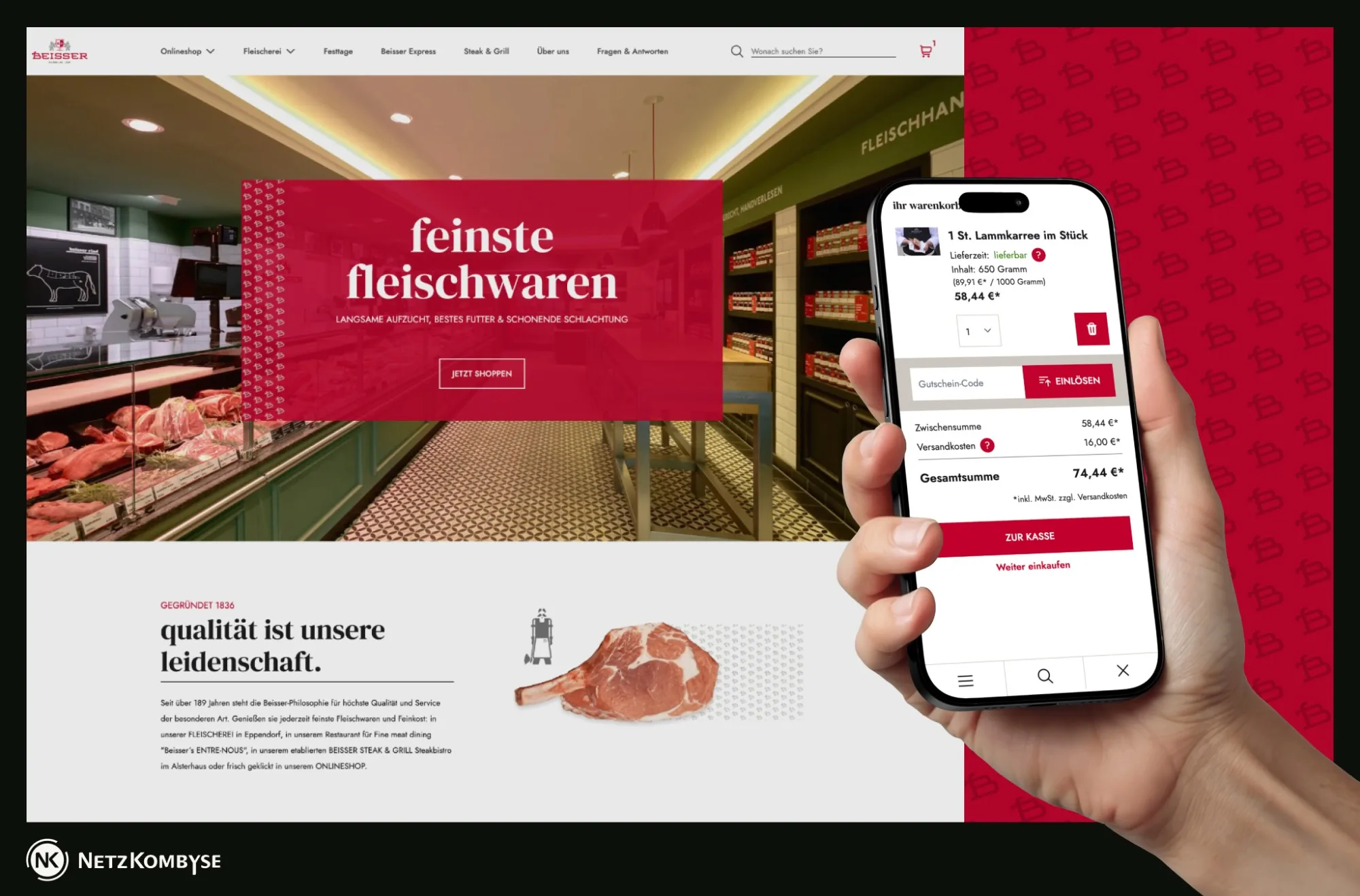 BEISSER-Shop am Desktop mit Startseite „feinste fleischwaren“ und auf dem Smartphone mit geöffnetem Warenkorb