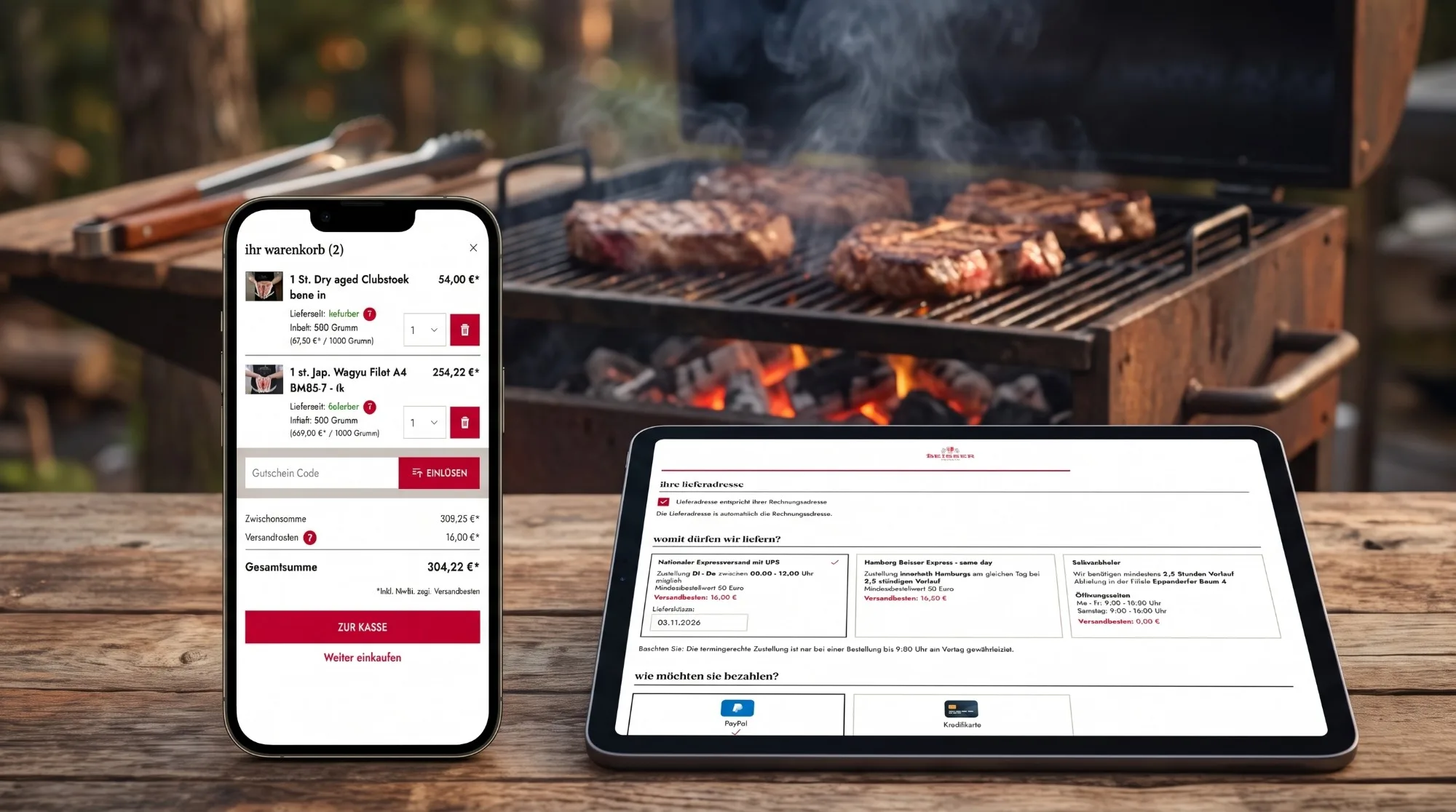 BEISSER-Onlineshop am Grill: Warenkorb auf dem Smartphone, Checkout mit Lieferoptionen und Zahlungsarten auf dem Tablet