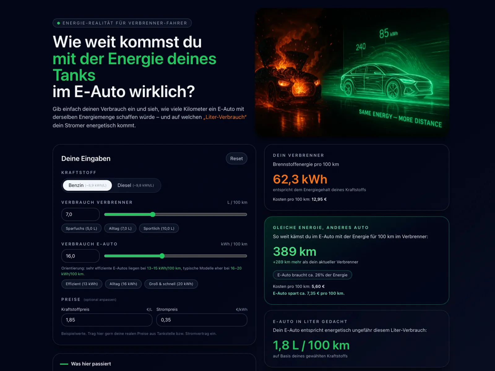 Vorschau: Reichweiten-Rechner — E-Auto vs. Verbrenner — Vergleichstool